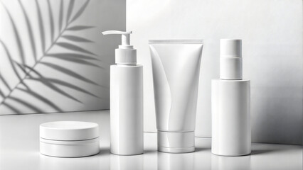 cosmetic cream tube, A minimalist, high-key studio shot featuring three white cosmetic bottles and a jar, perfect for showcasing skincare products.