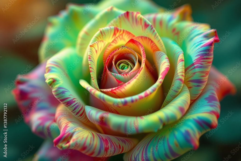 Poster close-up of a vibrant multicolored rose with striped petals in surreal style on a soft green backgro