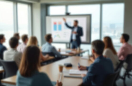 Blurred image of business presentation in modern conference room. Speaker presents data, charts to audience. Learning, teamwork, collaboration, idea sharing in office, corporate event. Modern tech in