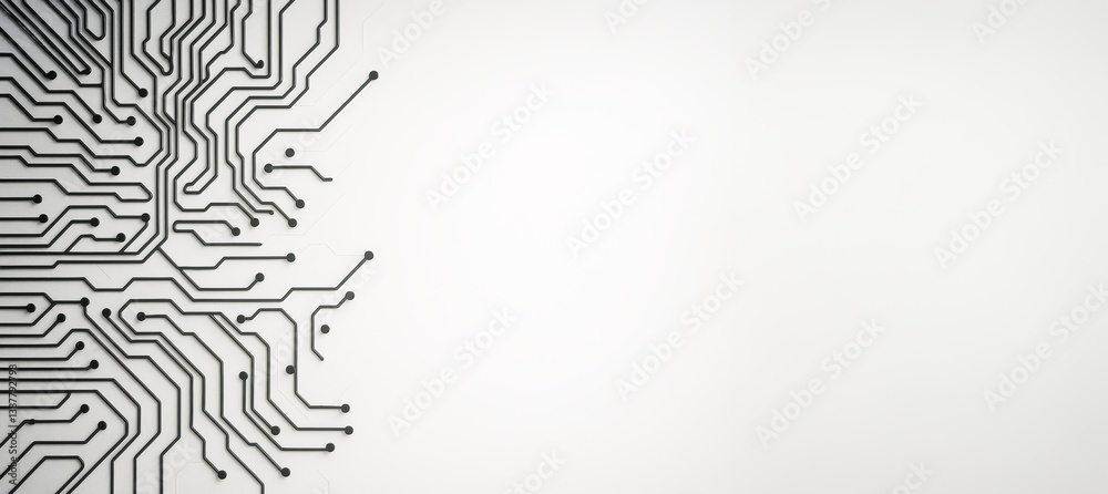 Poster Abstract circuit board pattern on left side with blank white copyspace on right, clean technology layout background for digital design display mockup.