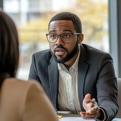 A man in a suit is talking to a woman. The man is wearing glasses and has a serious expression on his face. The woman is sitting across from him, looking at him intently