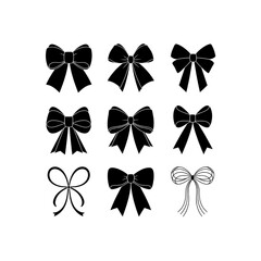 set of bows ribbons, gift box ribbon, ties, black silhouette icons isolated on white background