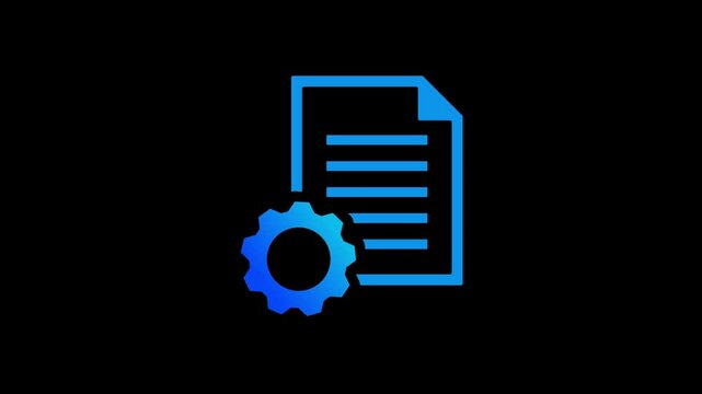 Document settings with gears icon animation 4k video. Software update, transfer, engineering, development, micro animation, motion, cog, and clip video in black background.
