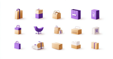 Stylish collection of shopping and delivery icons featuring various packages, bags, and bird symbolizing online shopping. Perfect for e commerce and delivery themes