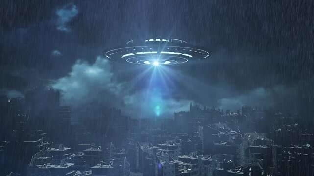 UFO Invasion Over a Post-Apocalyptic City in the rain

A massive UFO hovers ominously above a devastated post-apocalyptic city, casting bright blue energy beams onto the ruins below.
