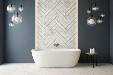 Minimalist bathtub with modern lighting and chevron tile background in stylish bathroom interior concept with dark walls and soft ambient light.