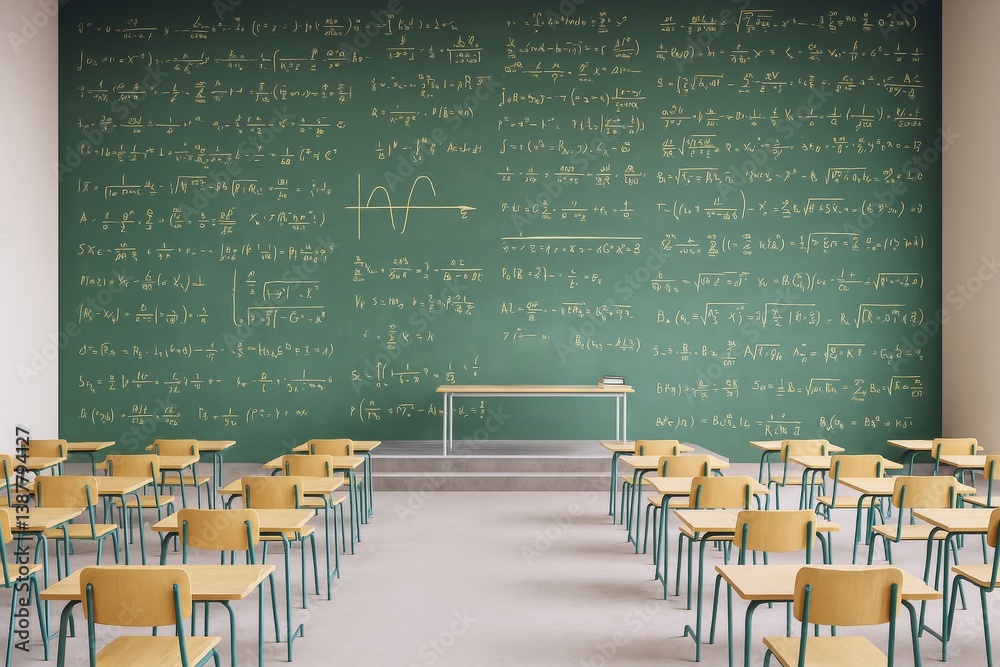 Poster Empty classroom with wooden desks and a large green chalkboard filled with complex math formulas on a light background. Concept of education and study.