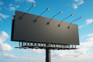 Blank black billboard mockup with lights against blue sky background for advertising presentation and design placement concept.