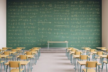 Empty classroom with wooden desks and a large green chalkboard filled with complex math formulas on a light background. Concept of education and study.