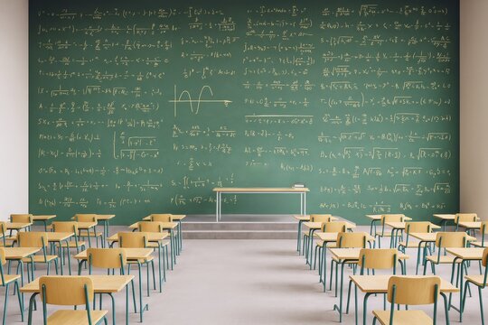 Empty classroom with wooden desks and a large green chalkboard filled with complex math formulas on a light background. Concept of education and study. - Powered by Adobe