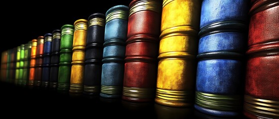 Row of colorful books on dark shelf