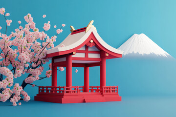 Fototapeta premium vibrant 3D rendering of traditional Japanese shrine surrounded by cherry blossoms and distant mountain, evoking serene and picturesque atmosphere