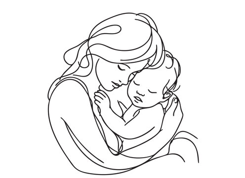 recommend clip art: Abstract mother with a child in continuous one line drawing art style. Mother Day card. Woman hugging her baby