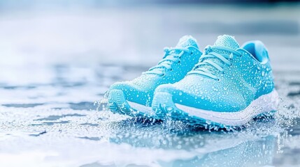 A pair of running shoes splashed with water droplets, active lifestyle imagery