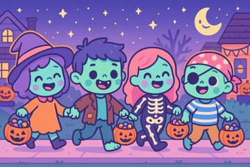 Fototapeta premium Colorful Cartoon Zombie Kids Trick-or-Treating on Halloween Night – Cute and Festive Character Scene in a Pastel Neighborhood