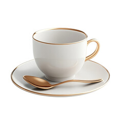 Fototapeta premium A white cup with a gold rim sits on a saucer with a spoon next to it. The cup and spoon are placed on a white background, creating a simple and elegant presentation