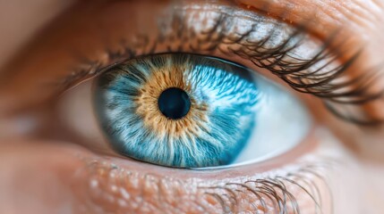 Fototapeta premium Glaucoma eye disease surgery concept. A close-up of a striking human eye displaying vibrant blue and brown hues, showcasing intricate details of the iris and eyelashes.