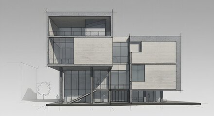 Modern House Architectural Drawing with Geometric Design and Glass Windows