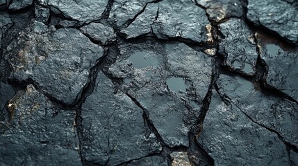 Fototapeta premium Cracks in a dark surface reveal glistening water, highlighting a stunning contrast of texture and color