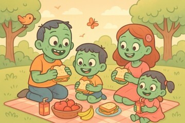 Obraz premium Cute Cartoon Zombie Family Having a Picnic on a Blanket in the Park – Adorable and Peaceful Outdoor Scene in Soft Pastel Colors