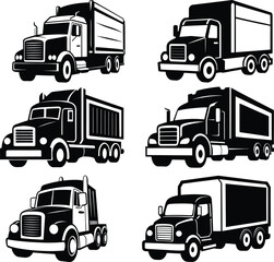 Set of truck icons and vector illustrations featuring various types of trucks lorries and vehicles for transportation delivery and construction
