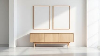 Fototapeta premium Minimalist Wooden Sideboard with Two Blank Frames in Bright Modern Interior