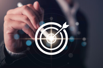 Businessman write target and Vision icon Strategic Arrows Driving Marketing, Finance, and Investment Success winning goals and company growth through focused planning.