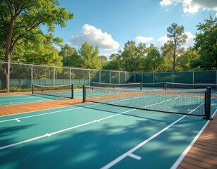 Elevated sport courts with nets, public park setting. Courts for paddle tennis or pickleball play. Green and blue floor surface with white boundary lines. Clear sunny sky, leisure time.