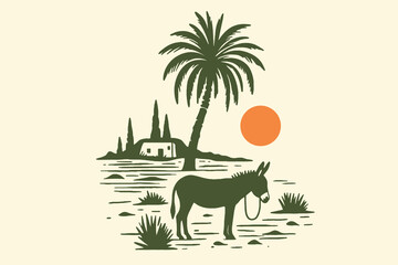 Minimalistic hand-drawn donkey under palm tree in Cypriot landscape	