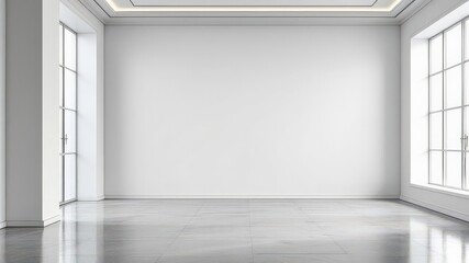 Fototapeta premium Bright Spacious Minimalist Room with Large Windows and Elegant Marble Flooring