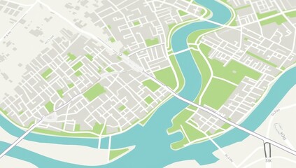city map depicting a dense urban environment intersected by multiple waterways and featuring several distinct green spaces. The color palette should be muted, with light grey for streets, light blue f
