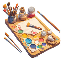 Art supplies on a transparent background creative workspace still life bright colors artistic perspective