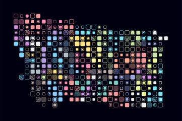 Montana, shape of the state built of colored cells. Digital style map of Montana on a dark background. Large size rounded square blocks. Amazing vector illustration.