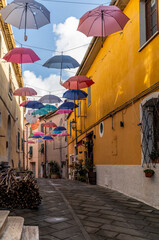The old narrow streets in the medieval town of Riparbella in Tuscany