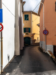 The old narrow streets in the medieval town of Riparbella in Tuscany