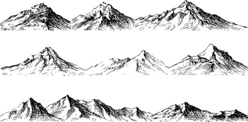 Hand-drawn mountain range, vector art, white background