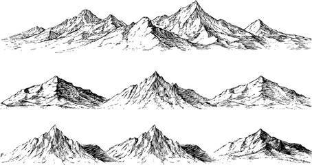 Hand-drawn mountain range, vector art, white background