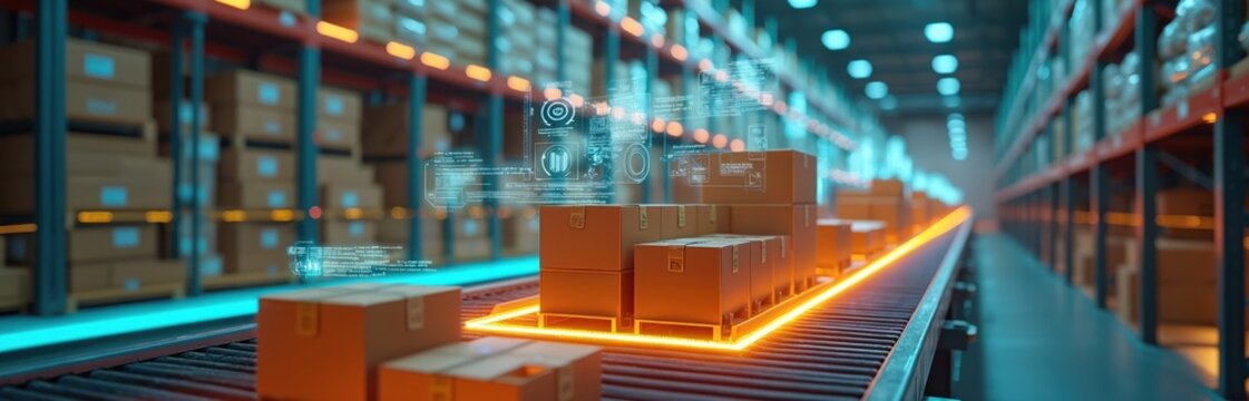 Smart warehouse with augmented reality virtual reality tech. Boxes on conveyor belt. Automated logistics, supply chain management, innovation, delivery process, modern industry. Automated storage - Powered by Adobe