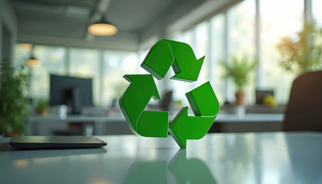 Green recycle symbol floats over modern office desk showing commitment to sustainability, environmental responsibility. Eco-friendly workplace with blurred background, promoting eco-conscious