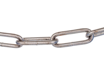 A piece of metal chain isolated on a white background, close-up.
