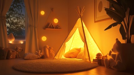 A Cozy Illuminated Children's Playroom Featuring a Teepee and Soft Lighting