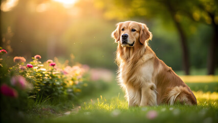 Obraz premium Golden retriever resting in a blooming garden during sunset hours