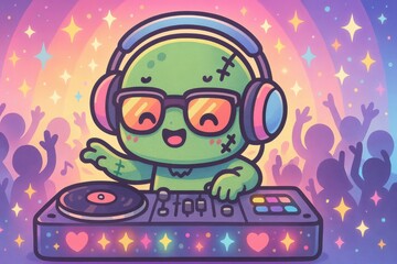 Kawaii Zombie DJ Playing Music at a Dance Party – Cute and Colorful Cartoon Character with Headphones and Neon Lights