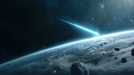 Naklejka premium Astounding Meteor Fireball Soaring Through Earth Atmosphere and Radiant Cosmic Trail
