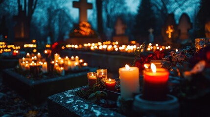 Candlelit evening in a tranquil cemetery, offering a sense of peace and serenity