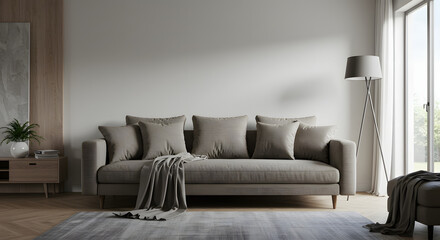 Neutral Sofa with Pillows and Blanket in a Modern Living Room