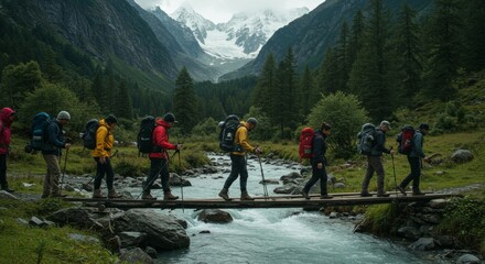 Group of Hikers Crosses Mountain Stream on Log Bridge
