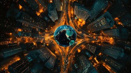 Fototapeta premium Aerial view of a city's network of roads converging on a stylized Earth globe at night.