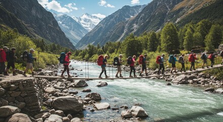 Hikers Crossing River on Suspension Bridge in Mountainous Landscape