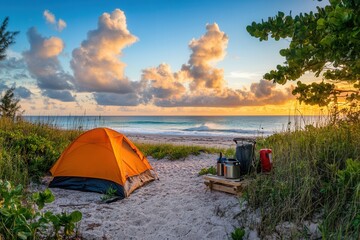 Vibrant Sunrise at a Secluded Beach Campsite with Orange Tent